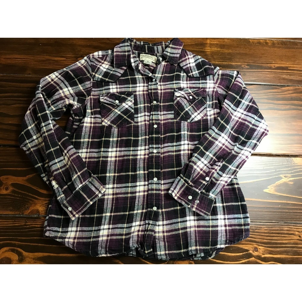 Canyon Guide Shirt, Women's Medium, Purple Cream Black Plaid Western Pearl Snap
